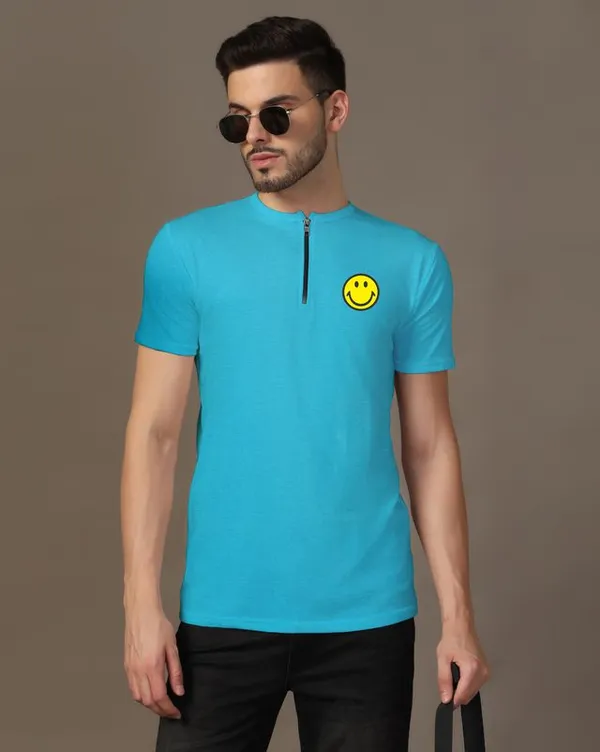 Turquoise_Cotton_Blend_Mandarin_Collar_Half_Sleeve_T_Shirt_For_Men