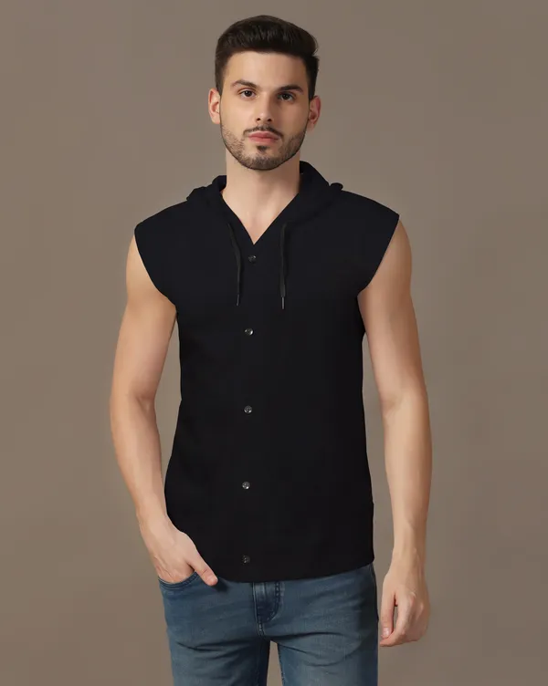 Black_Sleeveless_Cotton_Blend_Hooded_Neck__T-Shirt_For_Men