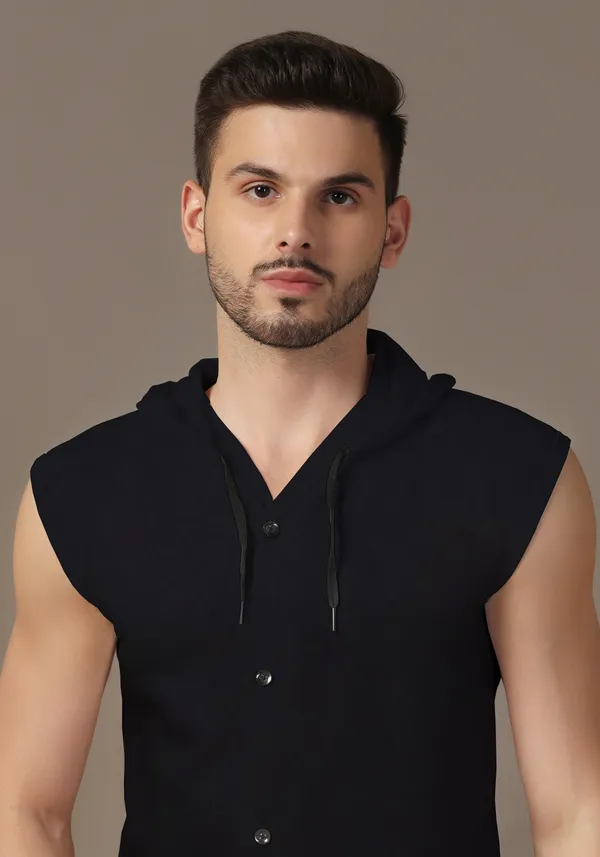 Black_Sleeveless_Cotton_Blend_Hooded_Neck__T-Shirt_For_Men