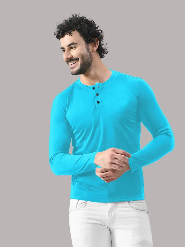 Turquoise_Cotton_Blend_Henley_Neck_Full_Sleeve_T_Shirt_For_Men