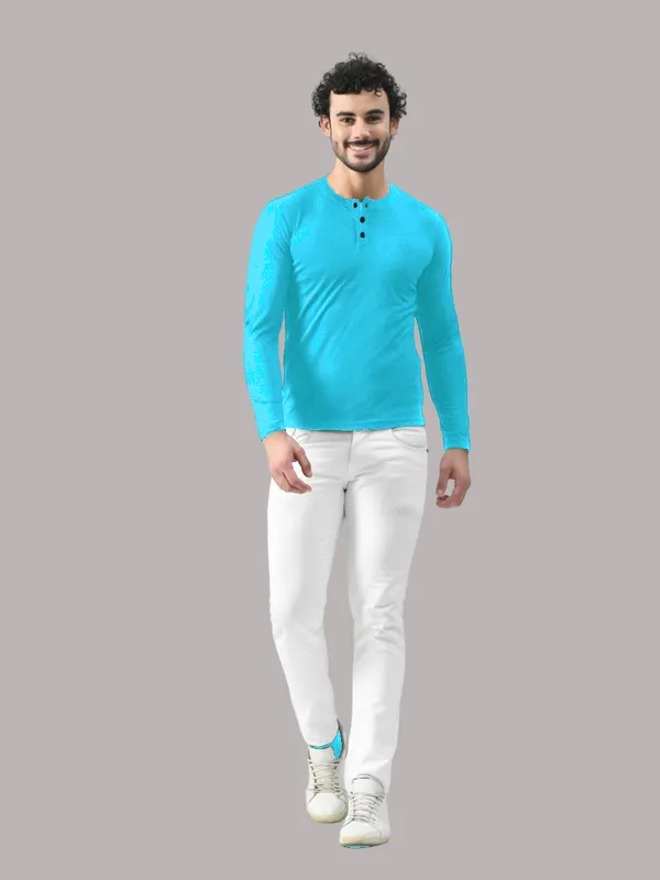 Turquoise_Cotton_Blend_Henley_Neck_Full_Sleeve_T_Shirt_For_Men