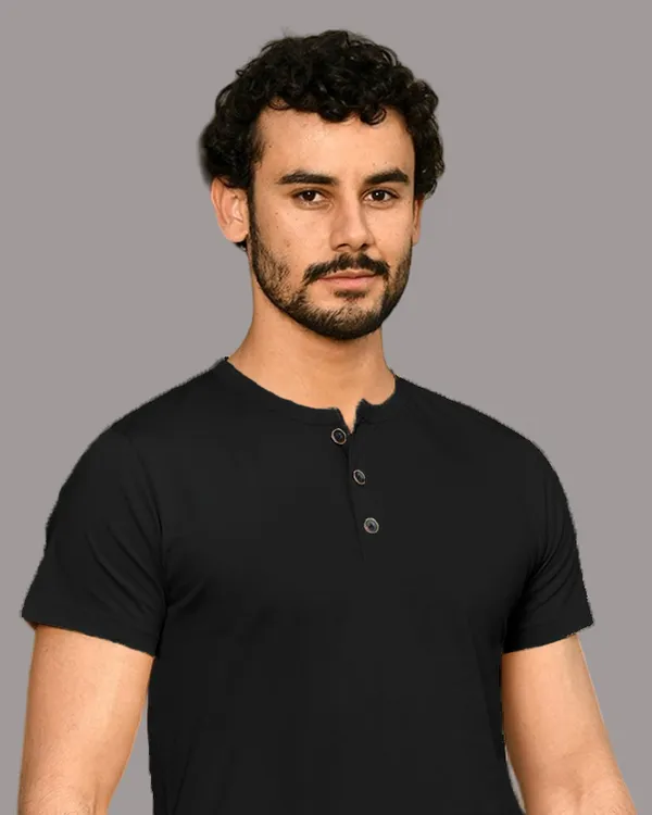 Black_Cotton_Blend_Henley_Neck_Half_Sleeve_T_Shirt_For_Men