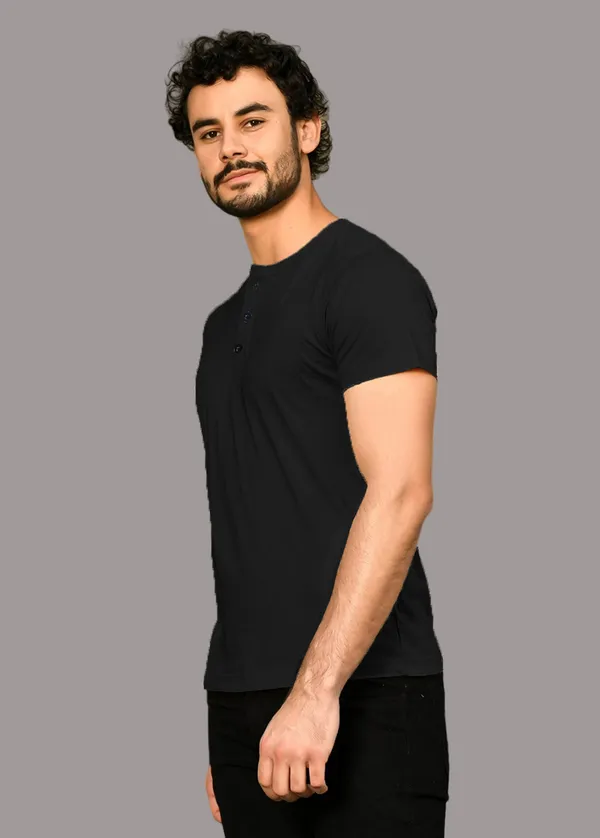 Black_Cotton_Blend_Henley_Neck_Half_Sleeve_T_Shirt_For_Men