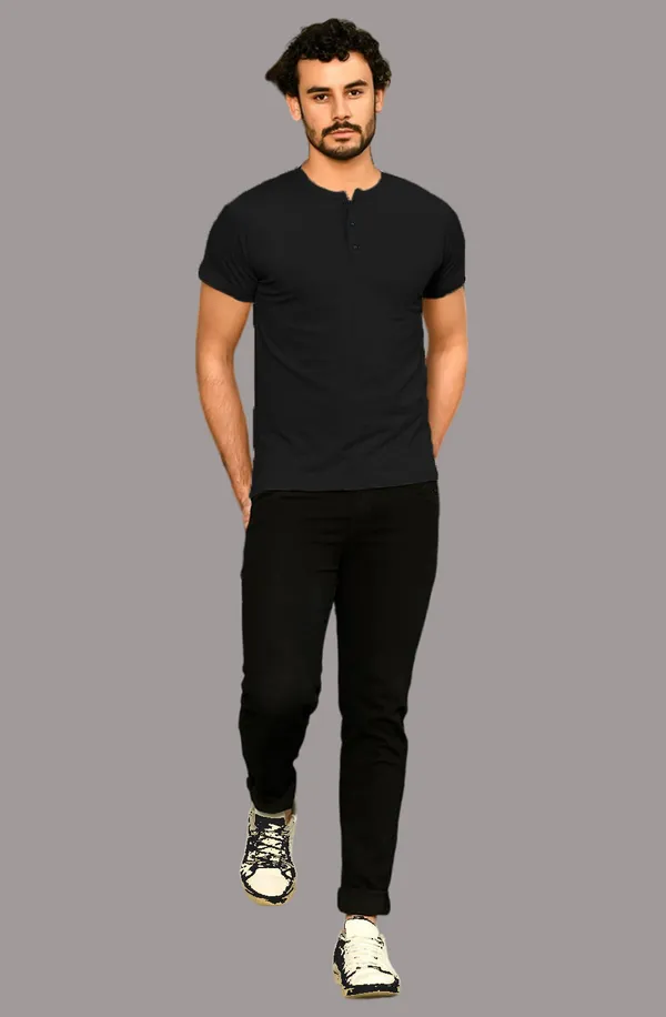 Black_Cotton_Blend_Henley_Neck_Half_Sleeve_T_Shirt_For_Men