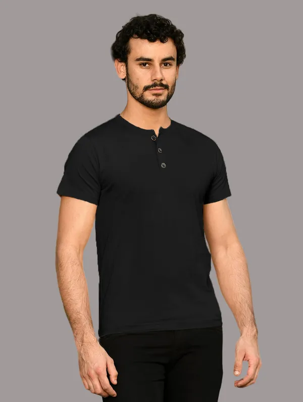 Black_Cotton_Blend_Henley_Neck_Half_Sleeve_T_Shirt_For_Men