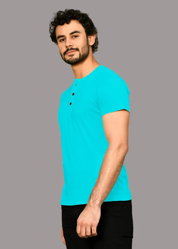 Turquoise_Cotton_Blend_Henley_Neck_Half_Sleeve_T_Shirt_For_Men
