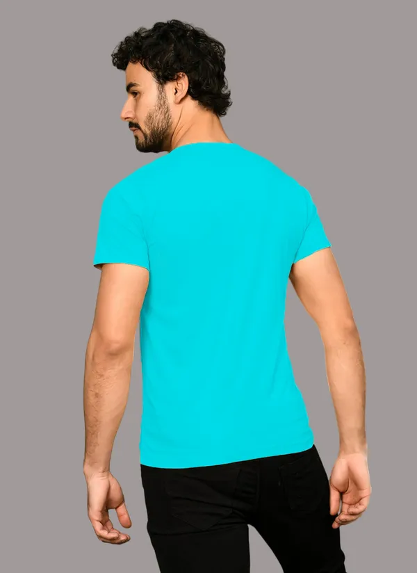 Turquoise_Cotton_Blend_Henley_Neck_Half_Sleeve_T_Shirt_For_Men