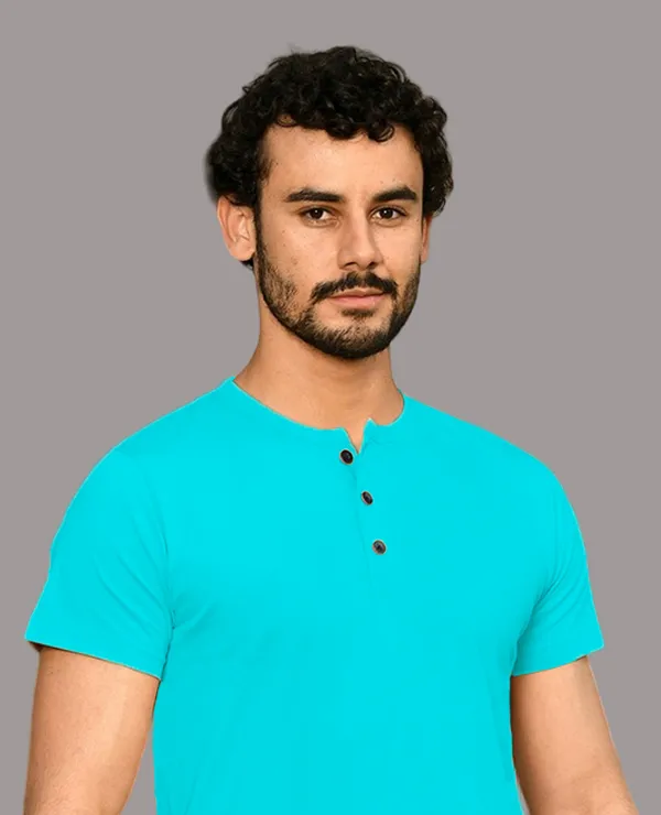 Turquoise_Cotton_Blend_Henley_Neck_Half_Sleeve_T_Shirt_For_Men