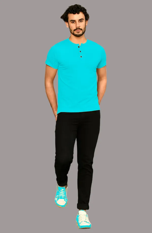 Turquoise_Cotton_Blend_Henley_Neck_Half_Sleeve_T_Shirt_For_Men
