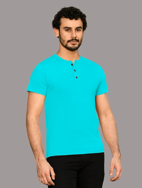 Turquoise_Cotton_Blend_Henley_Neck_Half_Sleeve_T_Shirt_For_Men