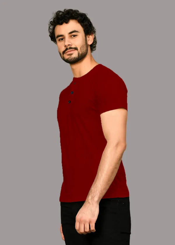 Maroon_Cotton_Blend_Henley_Neck_Half_Sleeve_T_Shirt_For_Men