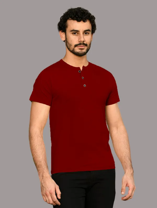Maroon_Cotton_Blend_Henley_Neck_Half_Sleeve_T_Shirt_For_Men
