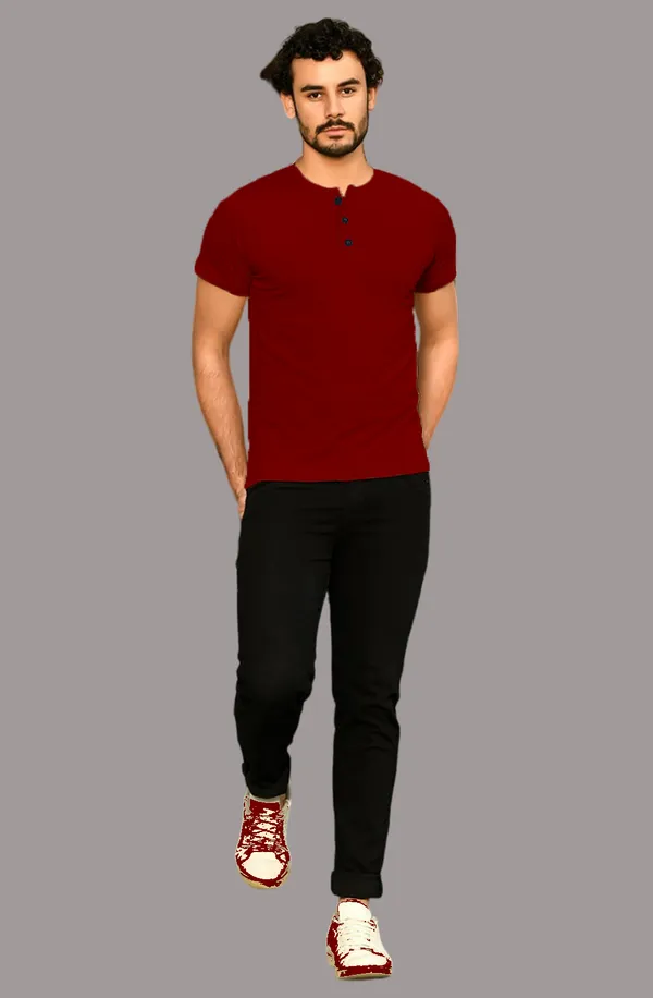 Maroon_Cotton_Blend_Henley_Neck_Half_Sleeve_T_Shirt_For_Men