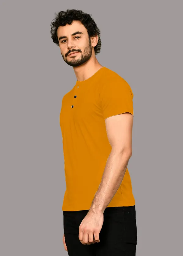 Mustard_Cotton_Blend_Henley_Neck_Half_Sleeve_T_Shirt_For_Men