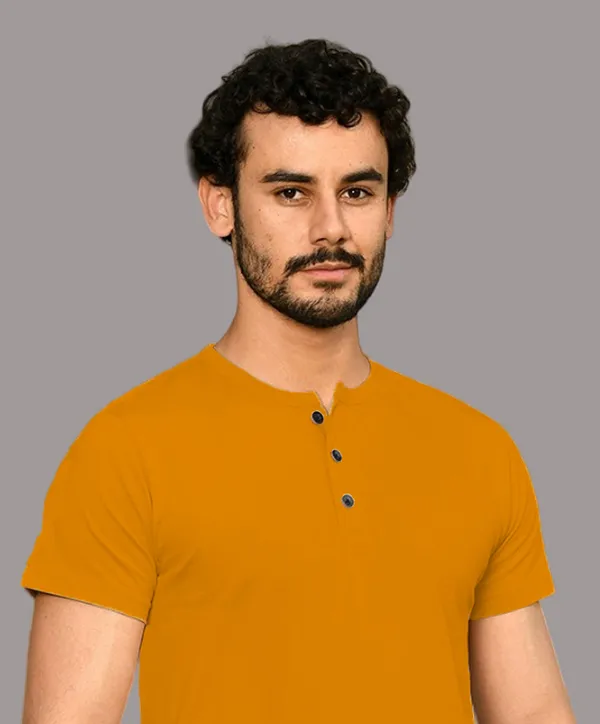 Mustard_Cotton_Blend_Henley_Neck_Half_Sleeve_T_Shirt_For_Men