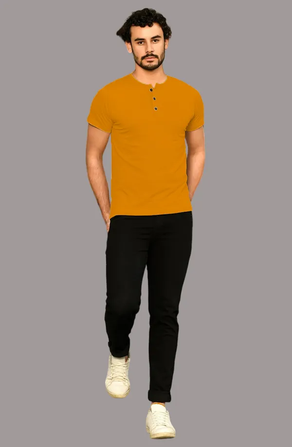 Mustard_Cotton_Blend_Henley_Neck_Half_Sleeve_T_Shirt_For_Men