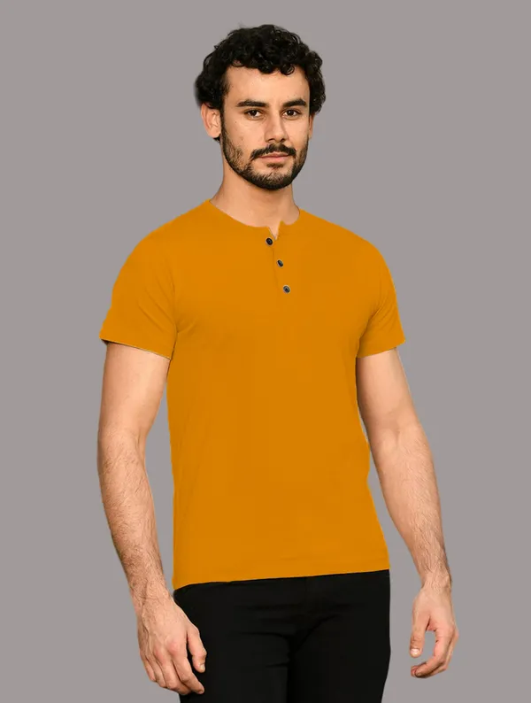 Mustard_Cotton_Blend_Henley_Neck_Half_Sleeve_T_Shirt_For_Men