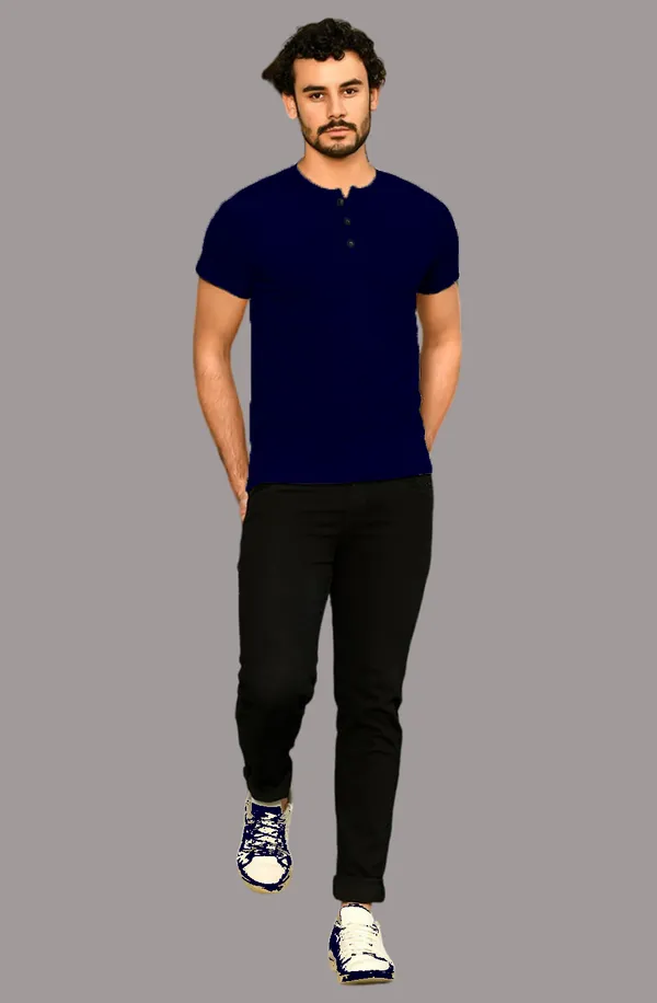 Dark_Blue_Cotton_Blend_Henley_Neck_Half_Sleeve_T_Shirt_For_Men