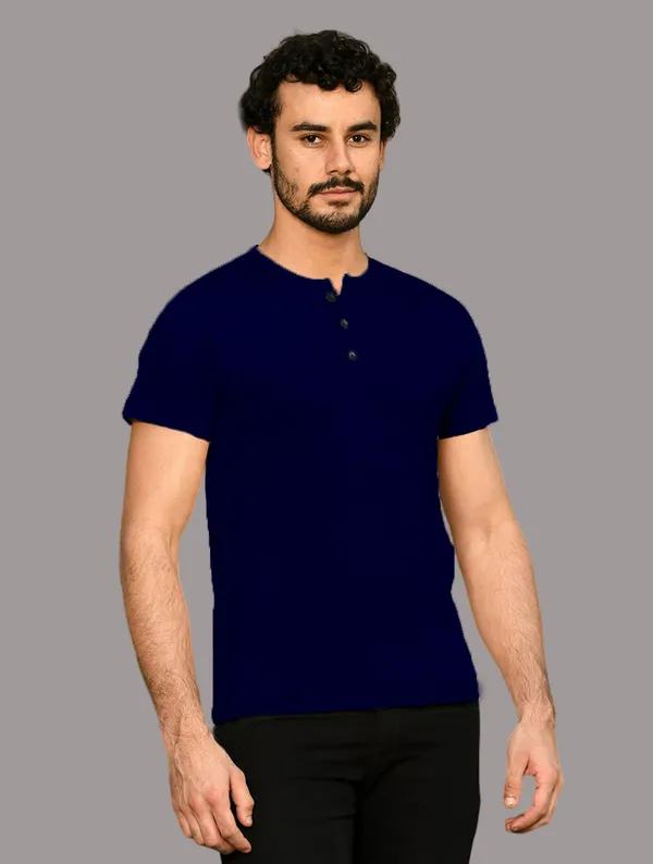 Dark_Blue_Cotton_Blend_Henley_Neck_Half_Sleeve_T_Shirt_For_Men