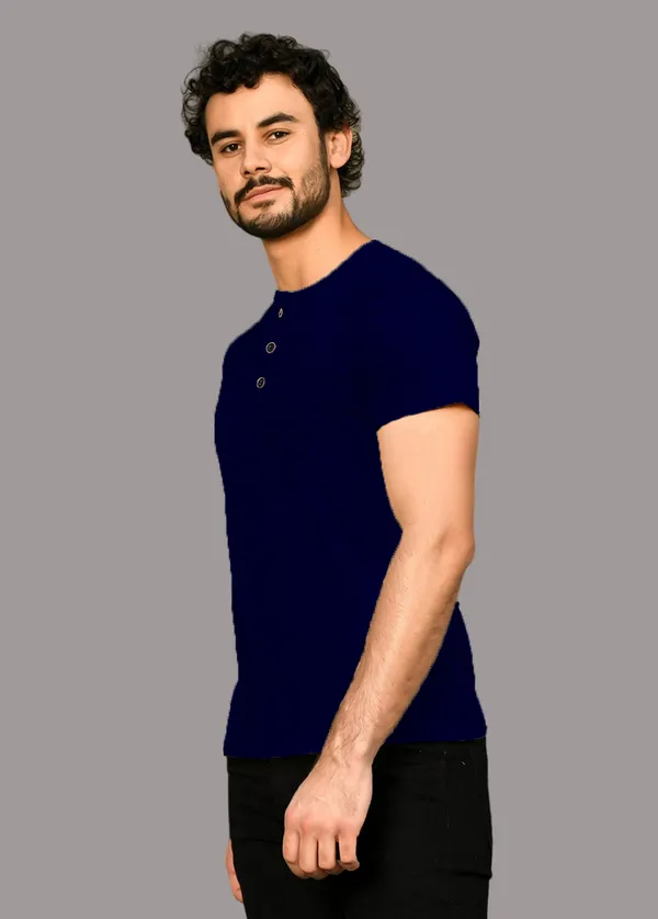 Dark_Blue_Cotton_Blend_Henley_Neck_Half_Sleeve_T_Shirt_For_Men