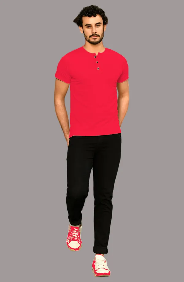Red_Cotton_Blend_Henley_Neck_Half_Sleeve_T_Shirt_For_Men