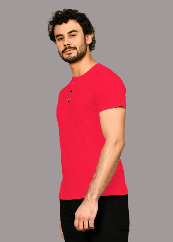 Red_Cotton_Blend_Henley_Neck_Half_Sleeve_T_Shirt_For_Men