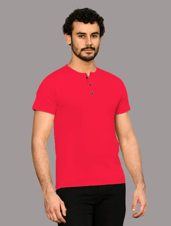 Red_Cotton_Blend_Henley_Neck_Half_Sleeve_T_Shirt_For_Men
