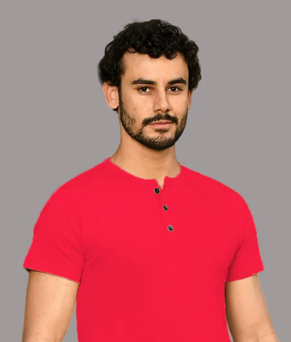 Red_Cotton_Blend_Henley_Neck_Half_Sleeve_T_Shirt_For_Men