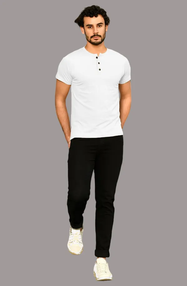 White_Cotton_Blend_Henley_Neck_Half_Sleeve_T_Shirt_For_Men