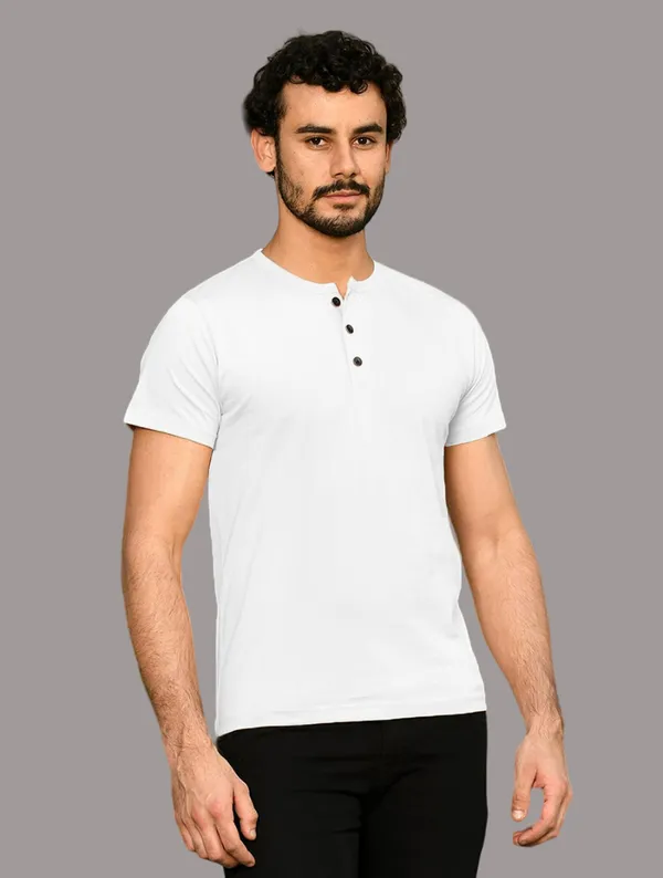 White_Cotton_Blend_Henley_Neck_Half_Sleeve_T_Shirt_For_Men