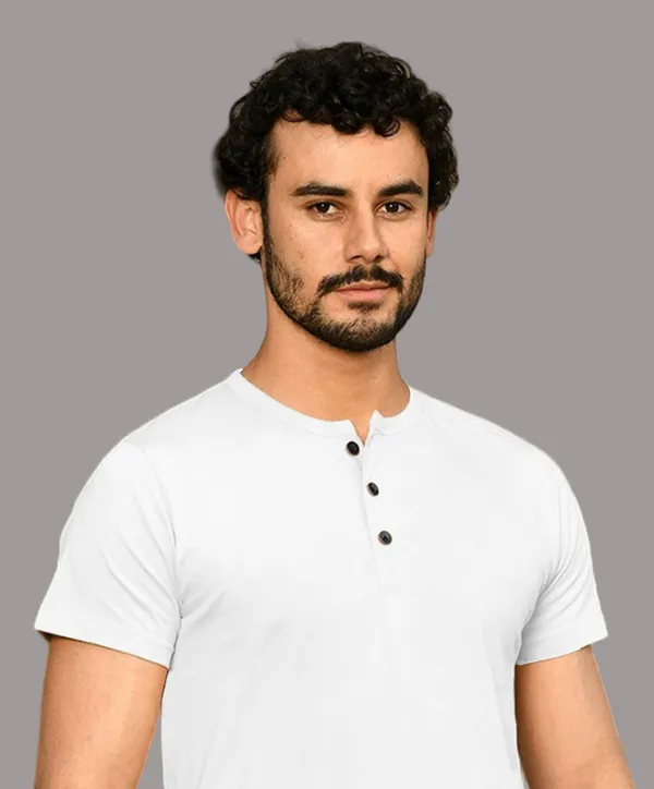 White_Cotton_Blend_Henley_Neck_Half_Sleeve_T_Shirt_For_Men