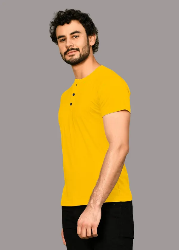 Yellow_Cotton_Blend_Henley_Neck_Half_Sleeve_T_Shirt_For_Men