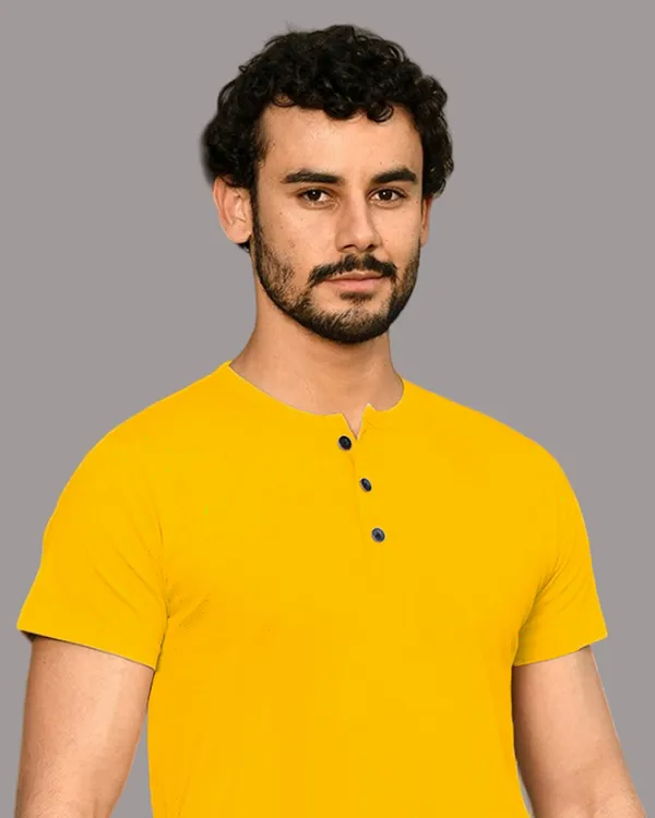 Yellow_Cotton_Blend_Henley_Neck_Half_Sleeve_T_Shirt_For_Men