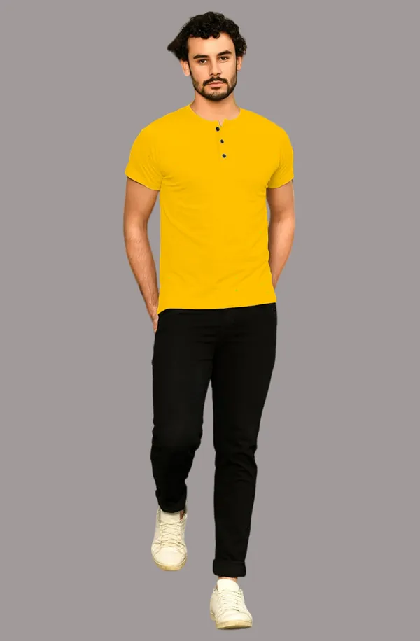 Yellow_Cotton_Blend_Henley_Neck_Half_Sleeve_T_Shirt_For_Men