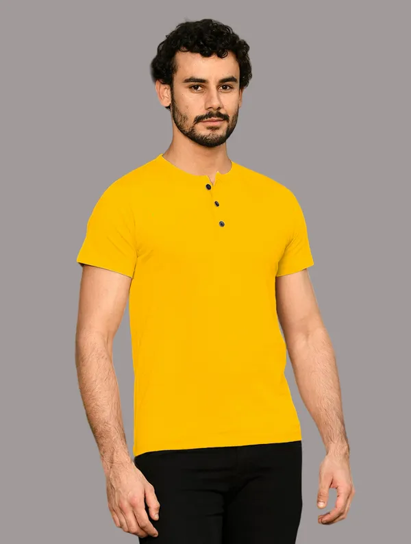 Yellow_Cotton_Blend_Henley_Neck_Half_Sleeve_T_Shirt_For_Men