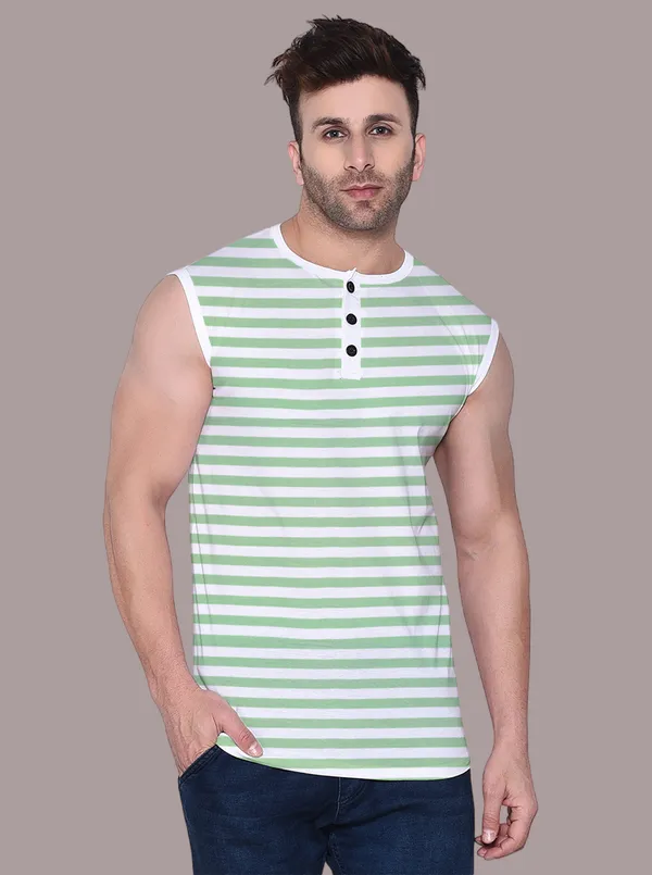Green_Cotton_Blend_Henley_Neck_Sleeveless_T_Shirt_For_Men