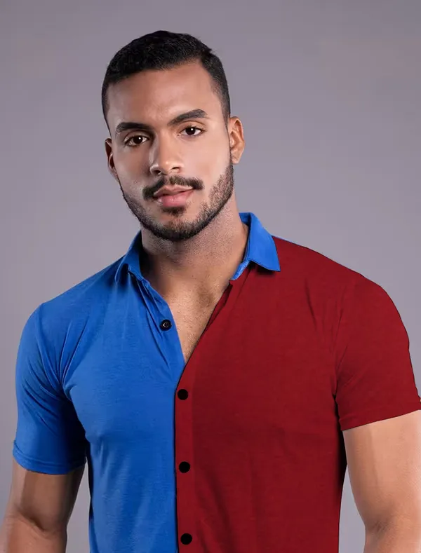 Blue_&_Maroon_Cotton_Blend_Spread_Collar_Half_Sleeve_Shirt_For_Men