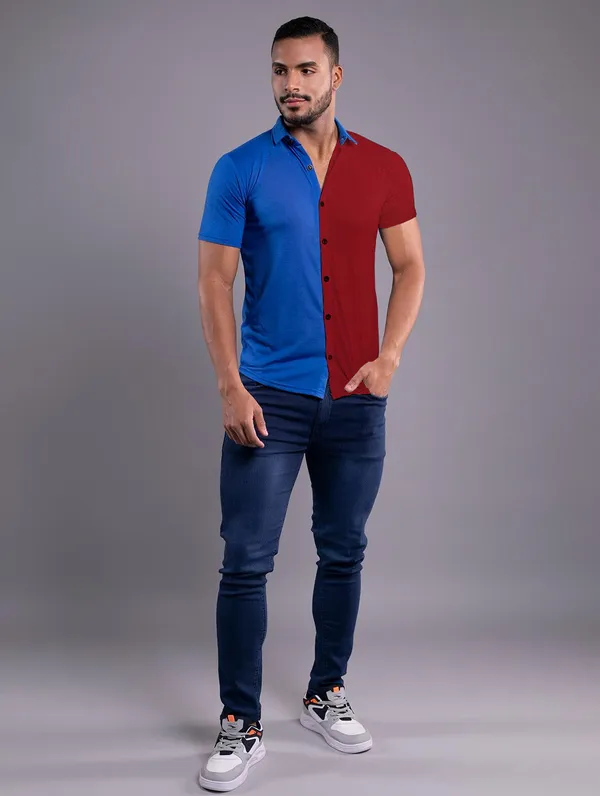 Blue_&_Maroon_Cotton_Blend_Spread_Collar_Half_Sleeve_Shirt_For_Men