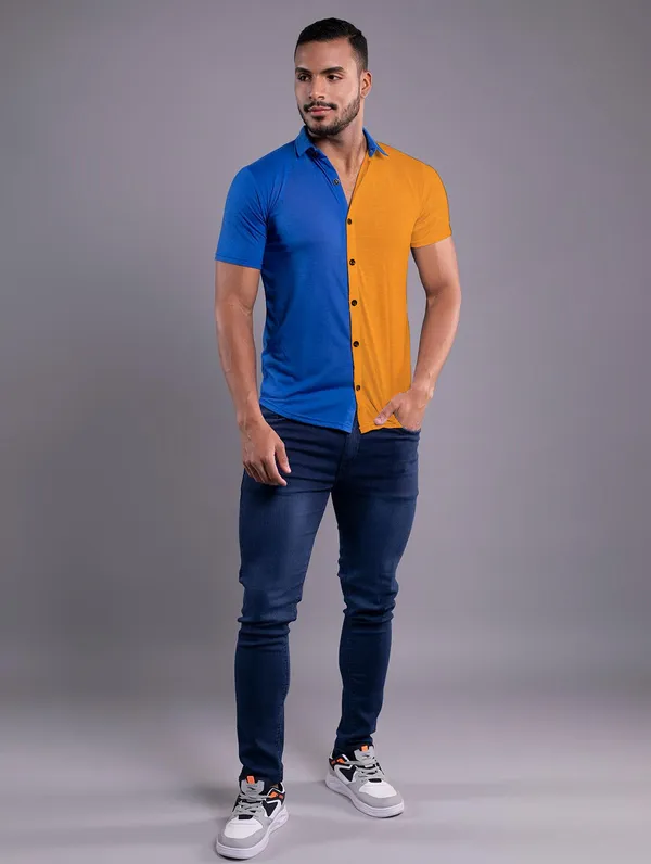 Blue_&_Mustard_Cotton_Blend_Spread_Collar_Half_Sleeve_Shirt_For_Men