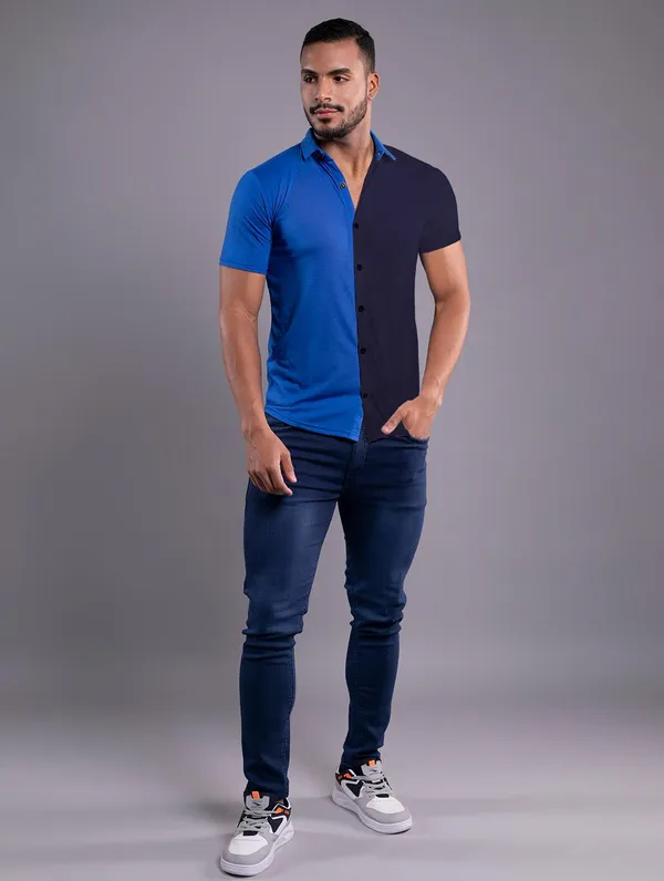 Blue_&_Dark_Blue_Cotton_Blend_Spread_Collar_Half_Sleeve_Shirt_For_Men