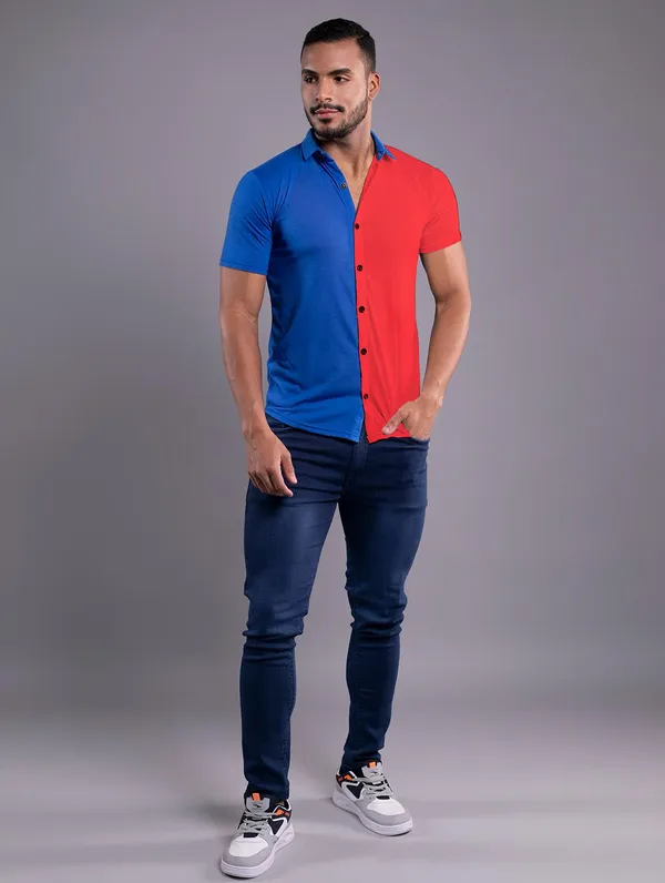 Blue_&_Red_Cotton_Blend_Spread_Collar_Half_Sleeve_Shirt_For_Men
