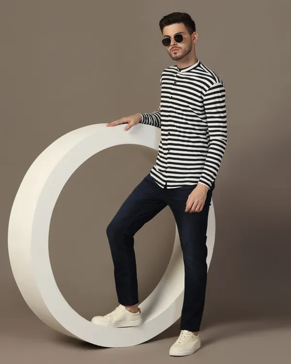 Black_Cotton_Blend_Mandarin_Collar_Full_Sleeve_Shirt_For_Men