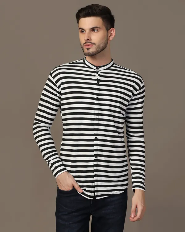 Black_Cotton_Blend_Mandarin_Collar_Full_Sleeve_Shirt_For_Men