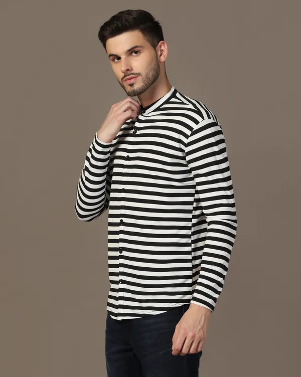 Black_Cotton_Blend_Mandarin_Collar_Full_Sleeve_Shirt_For_Men