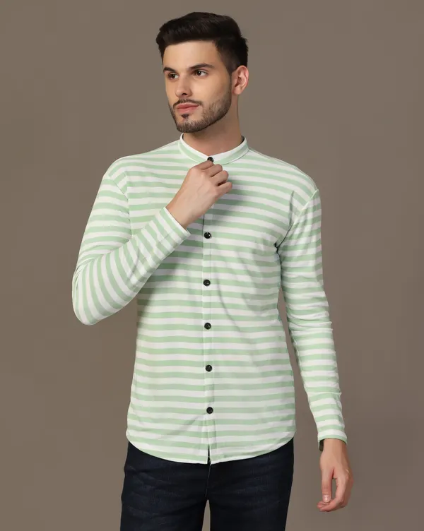Green_Cotton_Blend_Mandarin_Collar_Full_Sleeve_Shirt_For_Men