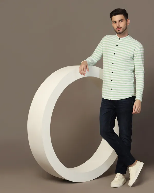 Green_Cotton_Blend_Mandarin_Collar_Full_Sleeve_Shirt_For_Men