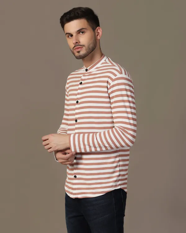 Brown_Cotton_Blend_Mandarin_Collar_Full_Sleeve_Shirt_For_Men