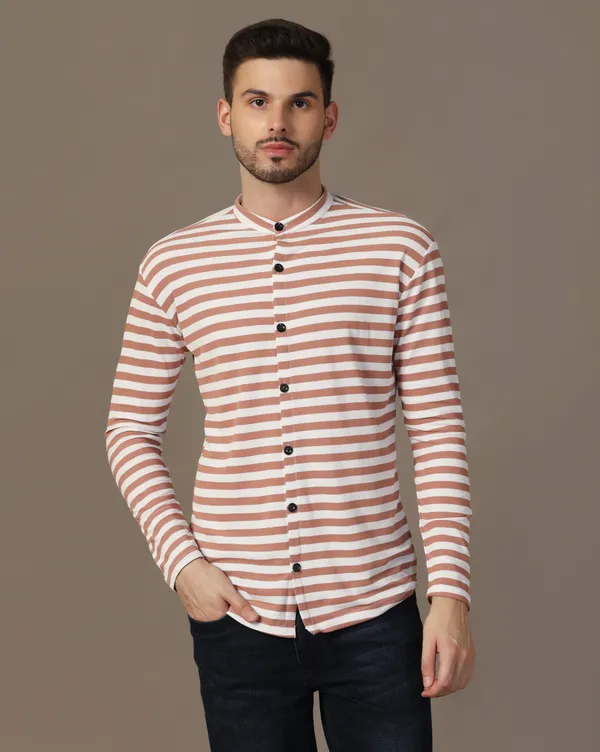 Brown_Cotton_Blend_Mandarin_Collar_Full_Sleeve_Shirt_For_Men