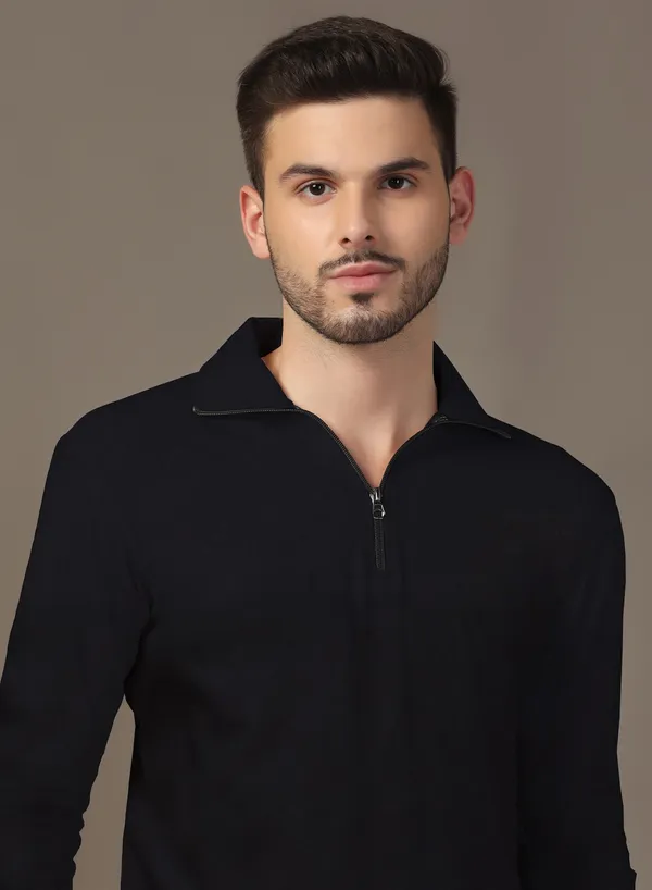 Black_Cotton_Blend_Polo_Neck_Full_Sleeve_T_Shirt_For_Men