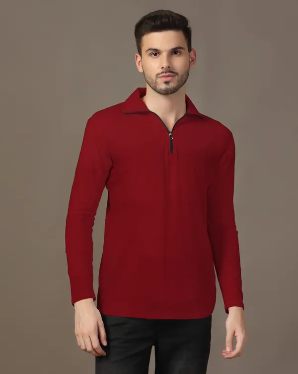Maroon_Full_Sleeve_Cotton_Blend_Polo_Neck__T-Shirt_For_Men